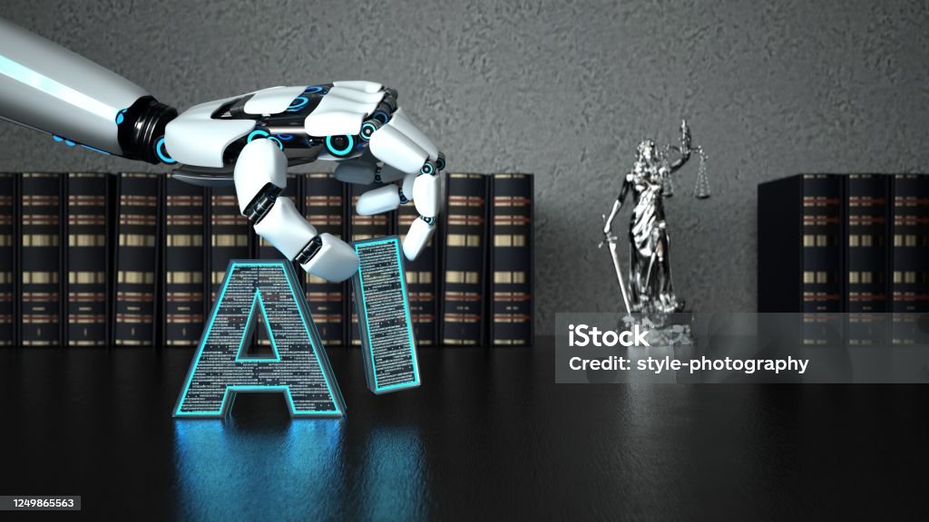 Roboter Hand AI Lady Gerechtigkeit Statue - Lizenzfrei Künstliche Intelligenz Stock-Foto