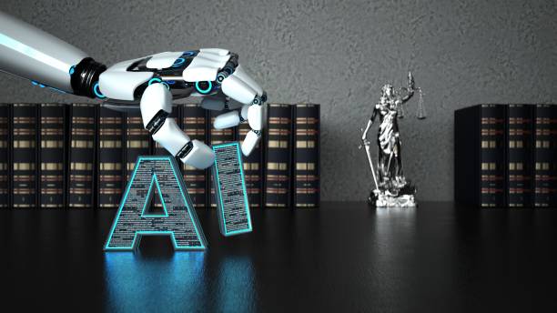 Robot Hand AI Lady Justice Statue stock photo