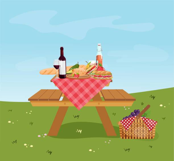 illustrations, cliparts, dessins animés et icônes de table de pique-nique en bois avec des bancs sur le fond de parc - table de jardin
