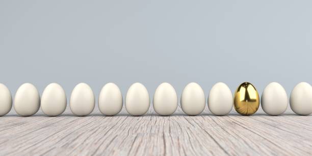 istock Natural eggs with golden egg on the wooden background. 3d illustration. 1249866847
