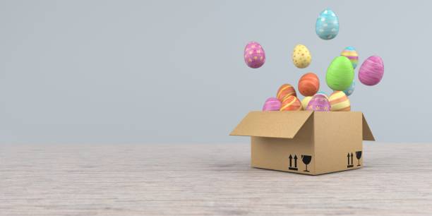 A shipping carton with colored easter eggs on the wooden table. 3d illustration. stock photo