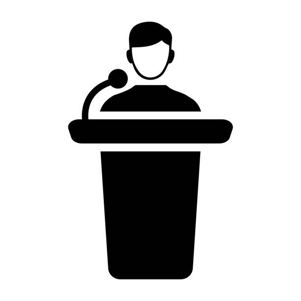 ilustrações, clipart, desenhos animados e ícones de apresentação da conferência ícone negro, apresentador, palestrante - politician politics speech podium
