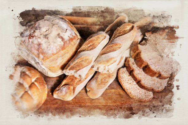 variety of bread and baguette at bakery on wooden table - country bread imagens e fotografias de stock