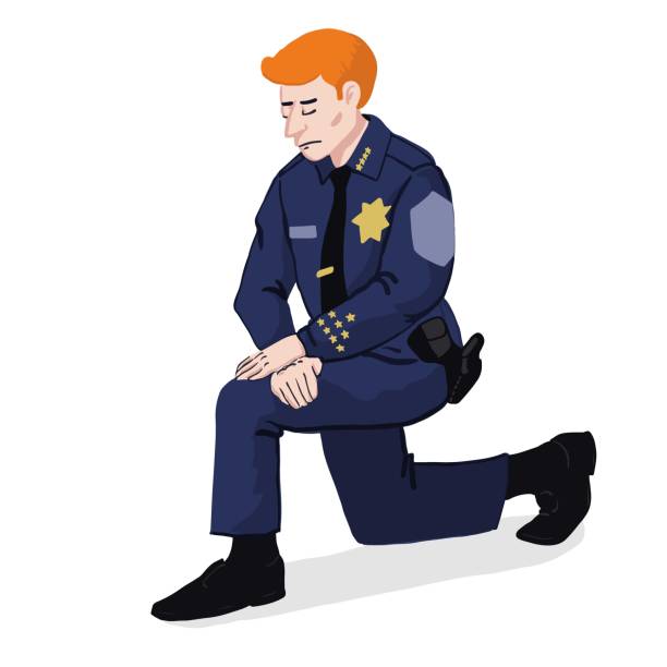 Police officer kneels down Police officer kneels down on street Vector illustration drawing of a man kneeling in prayer stock illustrations
