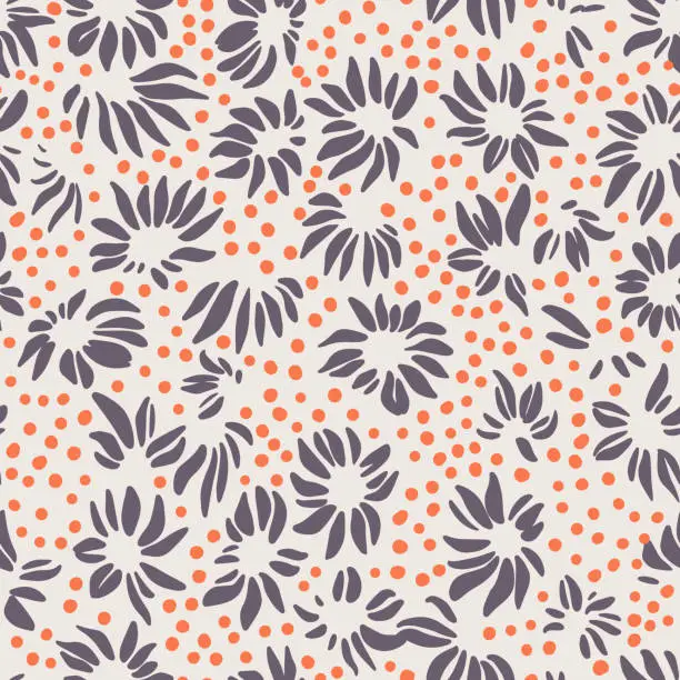 Vector illustration of Nature background. Leaf seamless pattern. Stylized large flower heads of daisy wildflowers ornament. Trendy flat design, silhouettes. Simple abstract shapes texture. Textile and fabric design.