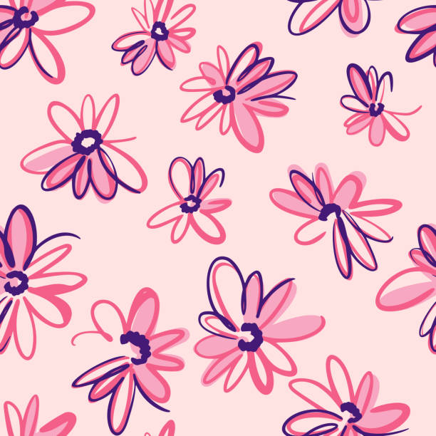 illustrazioni stock, clip art, cartoni animati e icone di tendenza di luminoso sfondo naturale primaverile. ditsy motivo senza cuciture fatto di fiori artistici di margherita prato. petali e boccioli. penna ribaltata in feltro. contorno disegno di schizzo piatto. - wallpaper pattern floral pattern seamless abstract