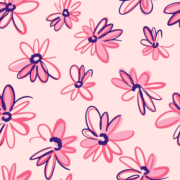 Bright spring nature background. Ditsy seamless pattern made of artistic meadow daisy flowers. Petals and buds. Felt tip pen. Outline flat sketch drawing. Bright spring nature background. Ditsy seamless pattern made of artistic meadow daisy flowers. Petals and buds. Felt tip pen. Outline flat sketch drawing. summer beauty stock illustrations