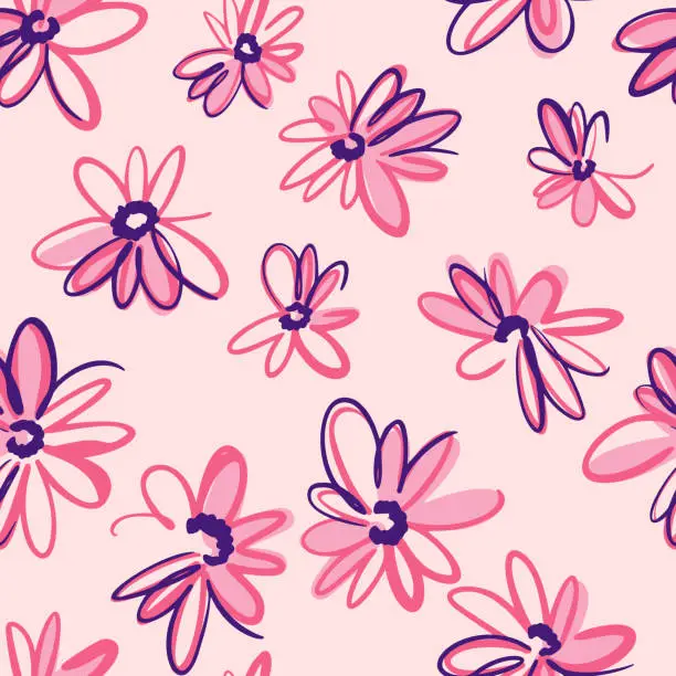 Vector illustration of Bright spring nature background. Ditsy seamless pattern made of artistic meadow daisy flowers. Petals and buds. Felt tip pen. Outline flat sketch drawing.