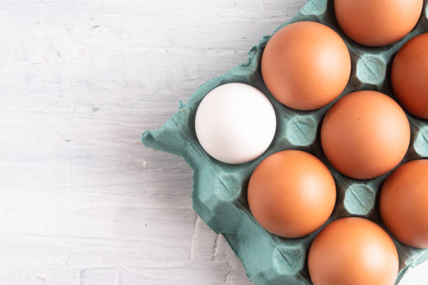 istock White egg stands out in a box of red eggs on a rustic white table. Top view. 1249871052