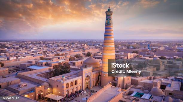 Khiva Sunset Twilight Panorama Islam Khoja Minaret Uzbekistan Stock Photo - Download Image Now