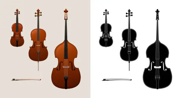 Vector illustration of Violin, cello (violoncello) and double bass vector illustration.