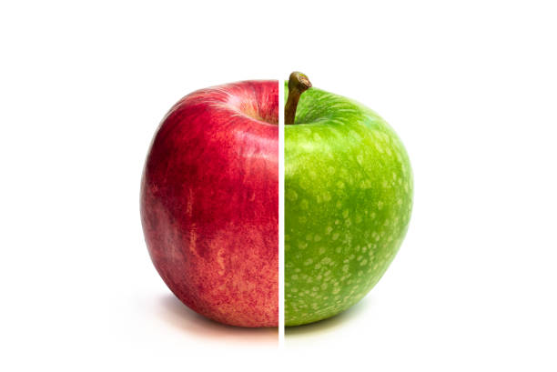 비교 녹색 사과 대 흰색 배경에 고립 된 빨간 사과의 개념 - royal gala apple 뉴스 사진 이미지