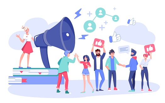 Influencer digital marketing concept. Follower customers and clients to business attraction. Blogger promotion services. Woman opinion leader hold loudspeaker attracting subscribers positive feedback