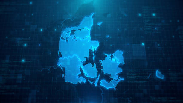 istock Map of Denmark with regions on blue digital background 1249874047