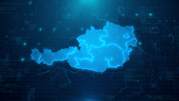 istock Map of Austria with regions on blue digital background 1249874059