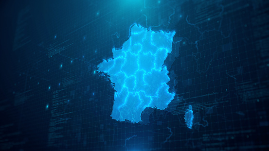 Map of France with regions on blue background.\nAll source data is in the public domain: \nhttps://www.naturalearthdata.com/downloads/10m-cultural-vectors/