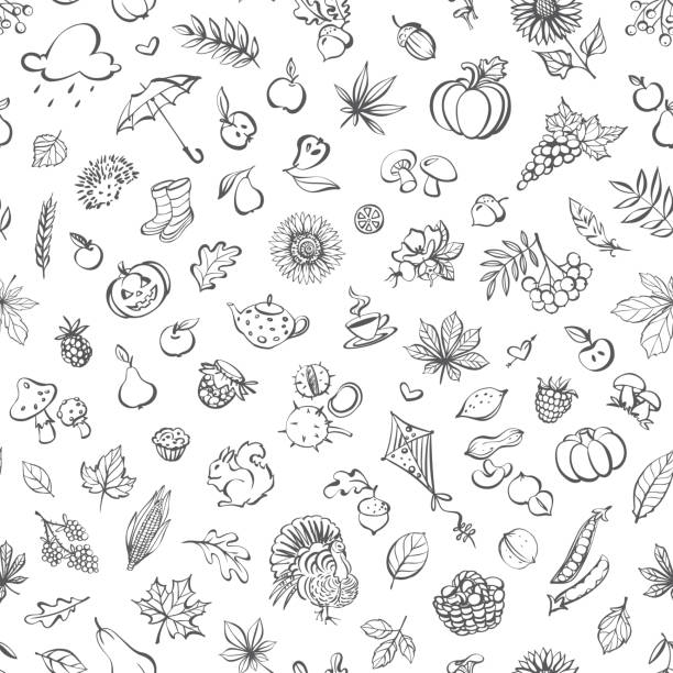 illustrations, cliparts, dessins animés et icônes de motif sans couture d’icônes d’automne - walnut nut isolated white background