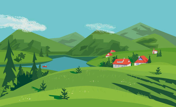 ilustrações de stock, clip art, desenhos animados e ícones de mountain valley village landscape poster - russia river landscape mountain range