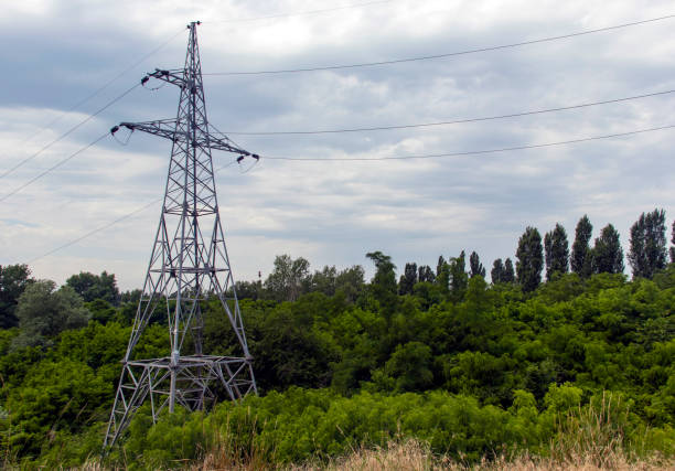 High voltage electrical tower and power lines. Electricity pylons through the forest. Energy Saving and Energy Saving. High voltage pin in the forest.\