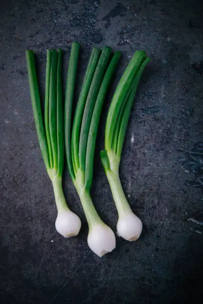 Fresh green onion on the old background. Top view. free space for your text