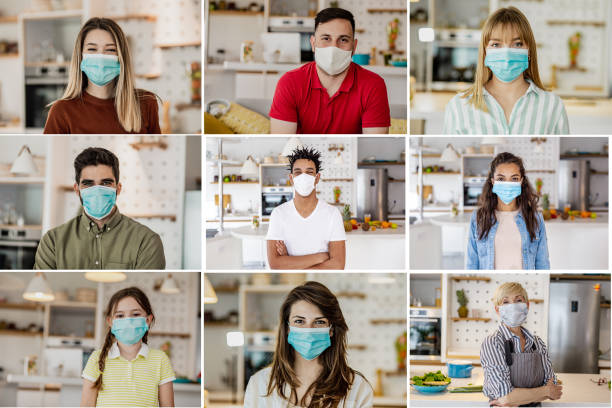 istock Diverse human faces with face masks at home 1249877727