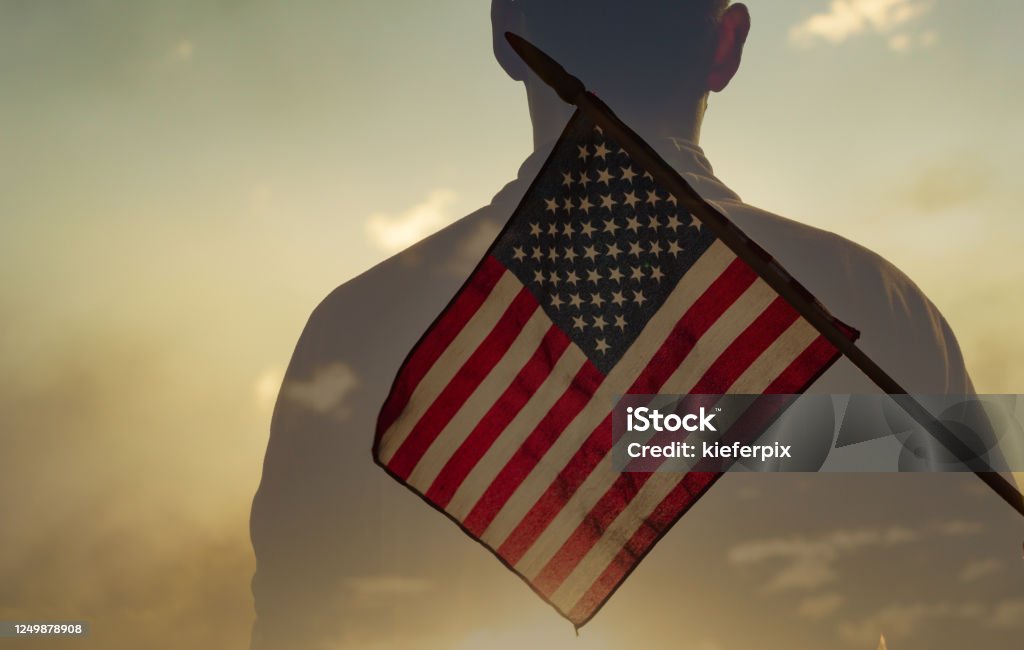 American patriot, war veteran, salute USA flag. American patriot. Veteran Stock Photo