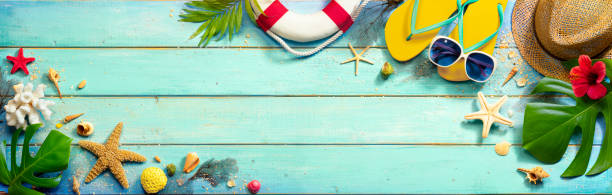 istock Beach Accessories On Mint Green Plank - Summer Background 1249879006