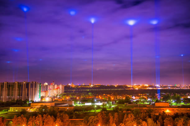 istock Night illuminated city with blue lights 1249882485