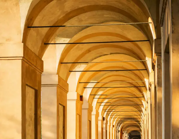 Portico di San Luca, Bologna, Italy: the porch that connects the Sanctuary of the Madonna di San Luca to the city, a long (3.5 km) monumental roofed arcade consisting of 666 arches