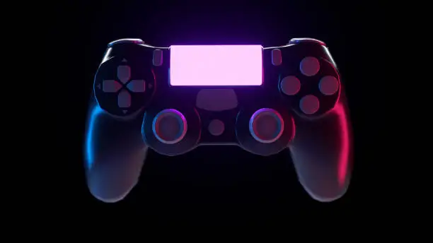Neon console gamepad on black background. 3d illustration of gaming controller.