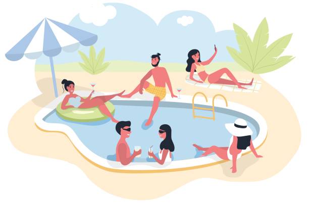 ilustraciones, imágenes clip art, dibujos animados e iconos de stock de grupo de fiesta en la piscina de personas vestidas con trajes de baño nadando en la piscina o acostado en tumbonas y tomando el sol - swimwear bikini swimming pool red