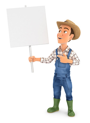 3d farmer holding blank sign board, illustration with isolated white background