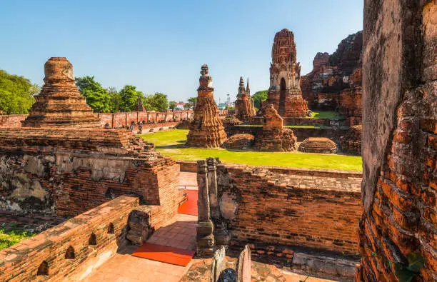 Architecture at Ayutthaya Historical Park on a Sunny Day in Ayutthaya Province, Thailand. Structures of Old Thai Capital City.