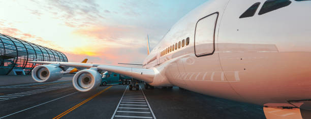 飛行機は空港に小包をロードするために駐車されています。 - travel trailer ストックフォトと画像