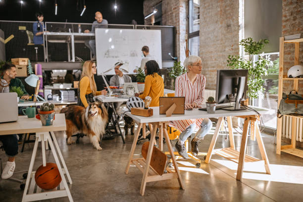 Young people and a dog at office