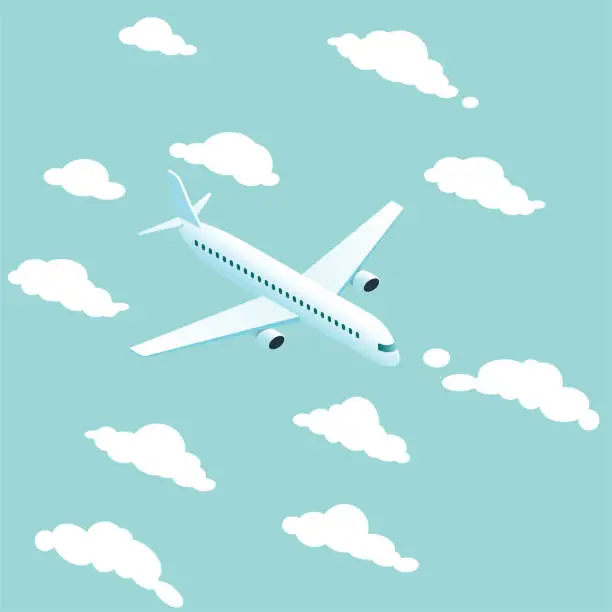 Vector illustration of The passenger plane in flight contains clouds.