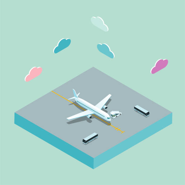 ilustrações de stock, clip art, desenhos animados e ícones de an airplane docked on the apron, the picture contains clouds, shuttle buses and boarding cars. - vector isometric airplane bus