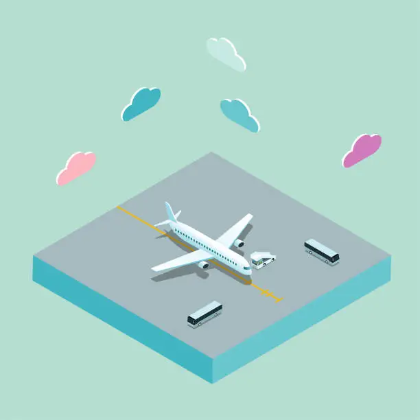 Vector illustration of An airplane docked on the apron, the picture contains clouds, shuttle buses and boarding cars.