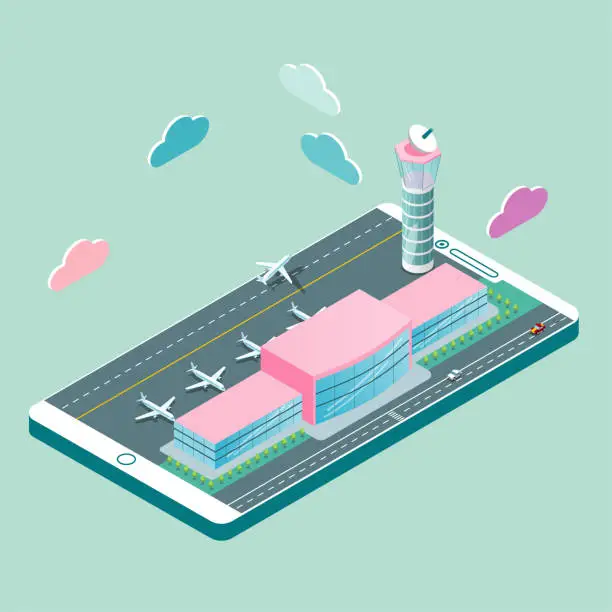 Vector illustration of Vector drawing of isometric airport,the terminal building is on the phone,There are four planes docked and one plane is taking off.