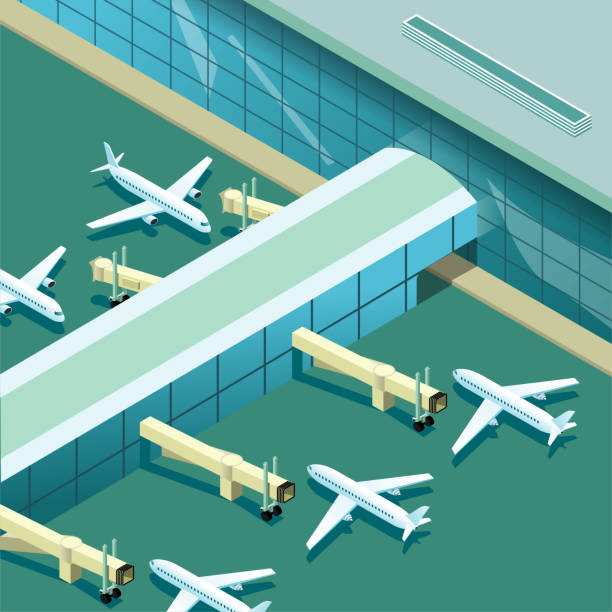 Vector drawing of isometric airport,passenger planes parked on the green tarmac，connect the boarding bridge. Vector drawing of isometric airport,passenger planes parked on the green tarmac，connect the boarding bridge.Observation angle from above. passenger boarding bridge stock illustrations