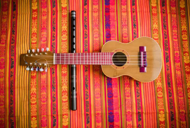 Charango and wooden flute on a colorful Andean pattern blanket background