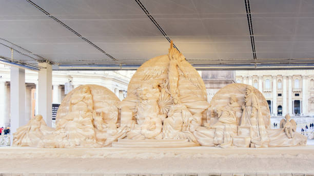Saint Peter's Square in the Vatican, Nativity Scene, composition of sand sculptures stock photo