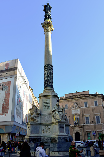 Rome, Italy - January 13, 2019: Piazza Mignanelli Colonna Dell Immacoloata Column Spanish Embassy
