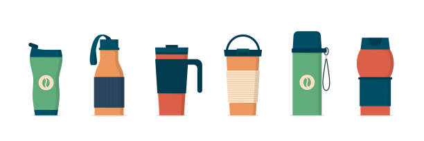 Tumblers with cover, travel thermo mugs, reusable cups for hot drinks Tumblers with cover, travel thermo mugs, reusable cups for hot drinks. Different designs of thermos for take away coffee. Set of isolated vector illustrations in flat style on white background flask stock illustrations