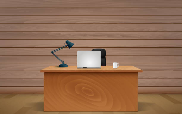 black and white room computer notebook and lamp on the wooden table in the wooden room desk backgrounds stock illustrations