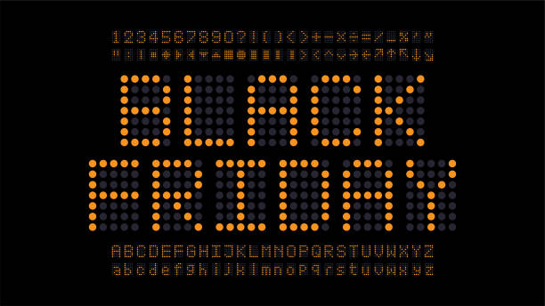 istock Alphabet typography fonts regular uppercase and lowercase, number, arrow, and symbols. LED yellow digital display style isolated on black background. Vector illustration. 1249925768