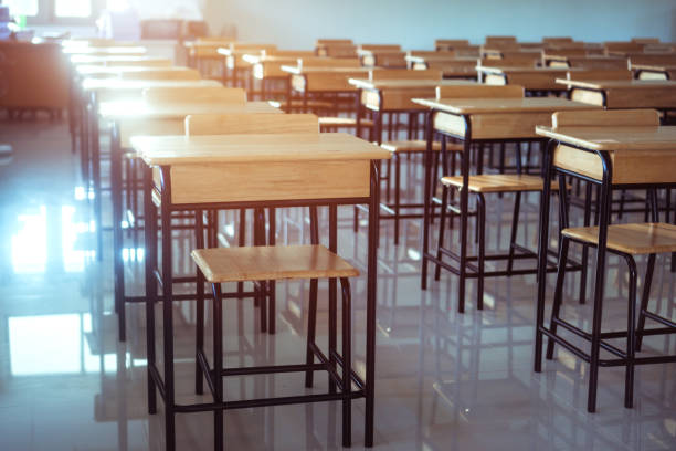 istock Situation of Covid-19 disease outbreak resulted in inability organize teaching learning in college. Lecture school empty classroom with desks chair iron wood when student close stay home in highschool 1249934663