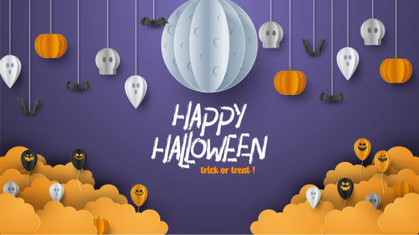 happy halloween banner hintergrund mit wolken und kürbisse in papier geschnitten stil. vollmond am himmel, spinnennetz, schädel, geist und fliegende fledermäuse. vektor-illustration - 5547 stock-grafiken, -clipart, -cartoons und -symbole