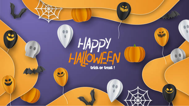 happy halloween banner tle z chmurami i dynie w stylu cięcia papieru. pełnia księżyca na niebie, pajęczyna pająki, czaszka, duch i latające nietoperze. ilustracja wektorowa - 5549 stock illustrations