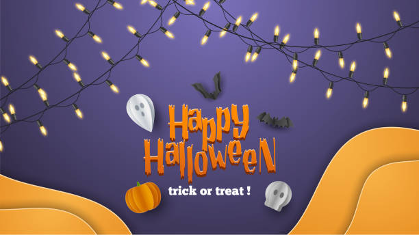 ilustrações, clipart, desenhos animados e ícones de feliz fundo de banner de halloween com nuvens e abóboras em estilo de corte de papel. lua cheia no céu, teia de aranhas, crânio, fantasma e morcegos voadores. ilustração vetorial - 5553